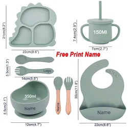 Dinosaur Children Dishes Plate Baby Feeding Set Personalized Name Silicone Tableware For Kids Toddlers Training Bowl Baby Stuff