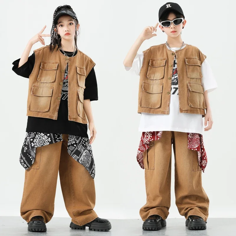 Meninos hip hop denim colete solto carga calças jeans meninas dança de rua corredores crianças jazz k-pop conjuntos de roupas crianças streetwear