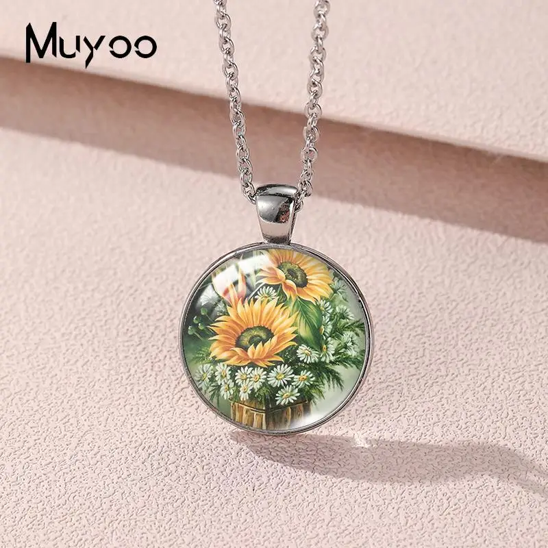 2023 New Sunflower Garden Pendant Necklace Summer Dream Round Photo Necklaces Glass Dome Jewelry Gifts