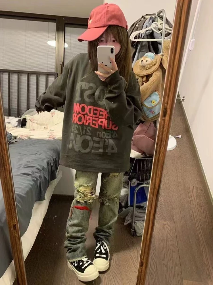 Y2k الأمريكية خمر كم طويل تي شيرت المرأة عادية إلكتروني طباعة الشرير نمط قمة الشارع الشهير ريترو الهيب هوب 2025 الخريف