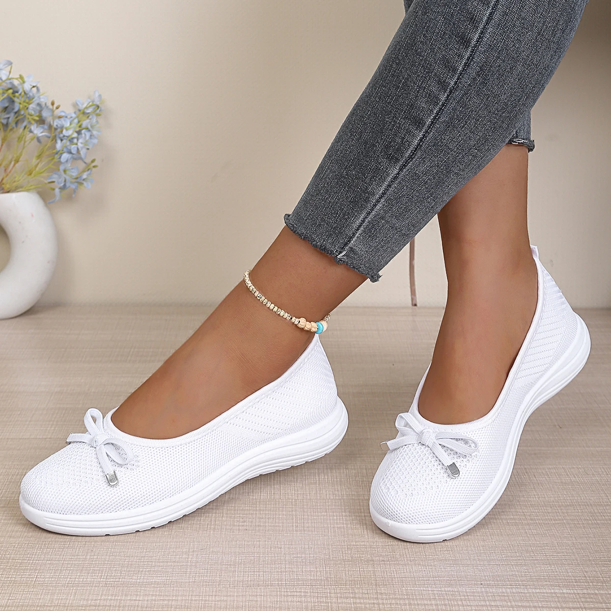 Pull-on Breathable Hollow Knit Ballet Loafers, Integrated Tiny Decorative Front Bow, Full White Sole All-Season Everyday Wear