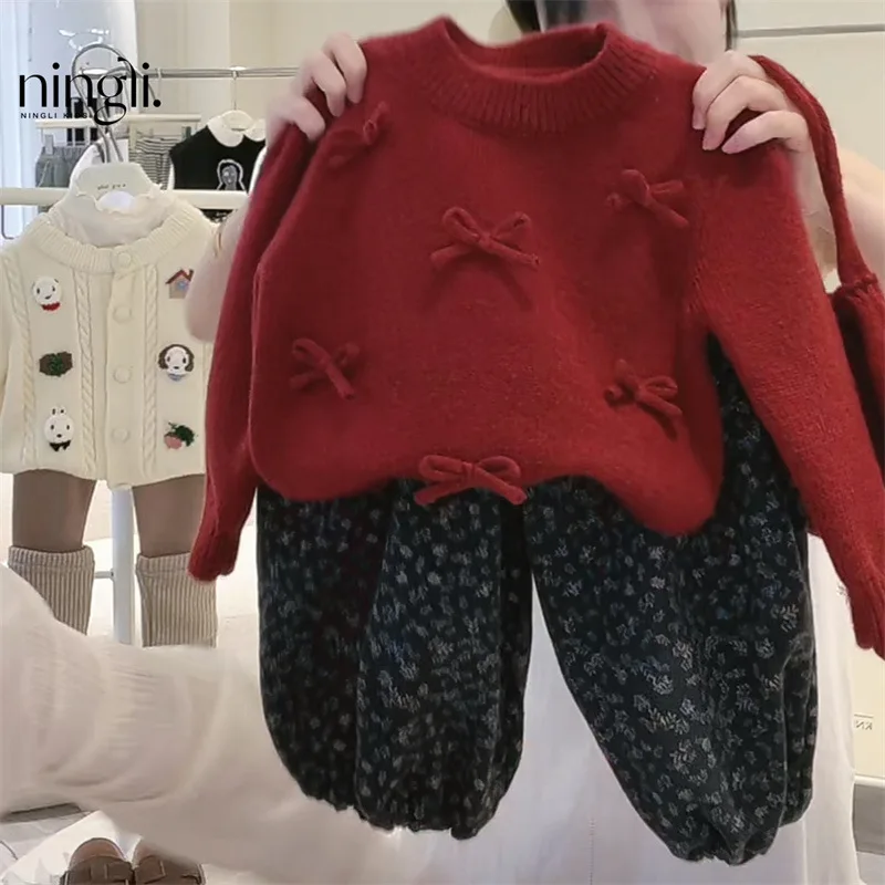 

Girl's Sweater Spring and Autumn New Baby Red Sweet Knot Knitted Pullover Children's Fashionable Cute Clothes Trendy