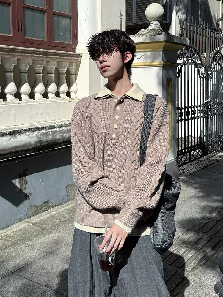 

Мужской повседневный классический вязаный свитер с воротником, зимний американский ретро Sle, универсальный свободный крой, длинный све, теплый цвет