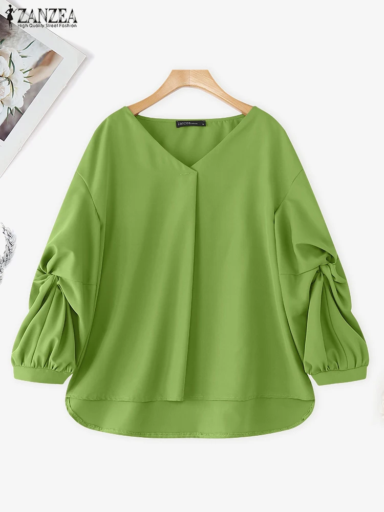ZANZEA 2025 ファッション エレガント シャツ レディース 長袖 ブラウス 無地 秋 カジュアル ゆったり Vネック プリーツ オフィス レディースブラウス