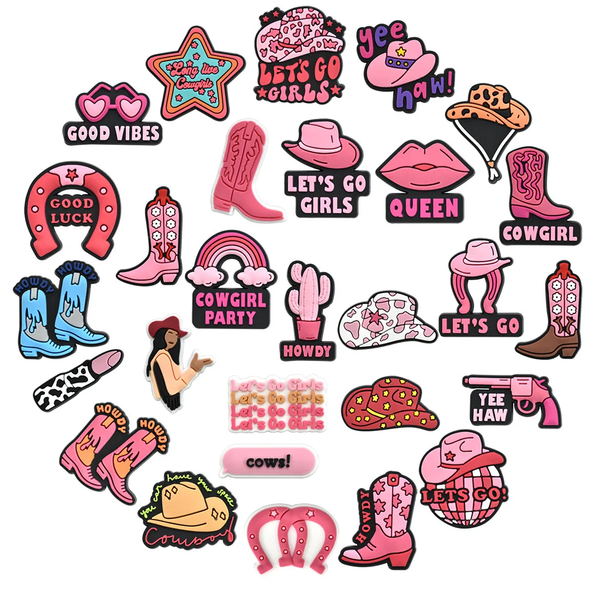 28Pcs Pink Cow Girl Series Shoe Charms For Shoe Key Chain Sandals Beach Bags, PVC DIY Shoe Decorations Accessories Shoes Pin