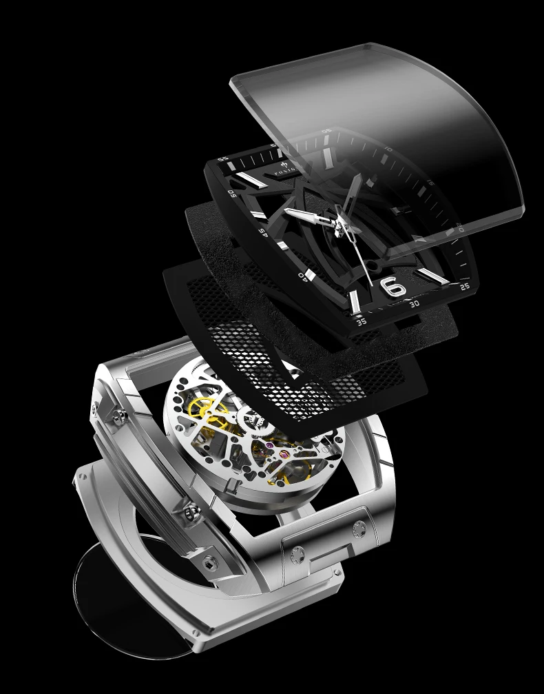 PONIGER ساعة أوتوماتيكية للرجال 44 مللي متر Tonneau ساعة يد ميكانيكية الياقوت مضيئة الجوف خارج الهاتفي حزام مطاطي