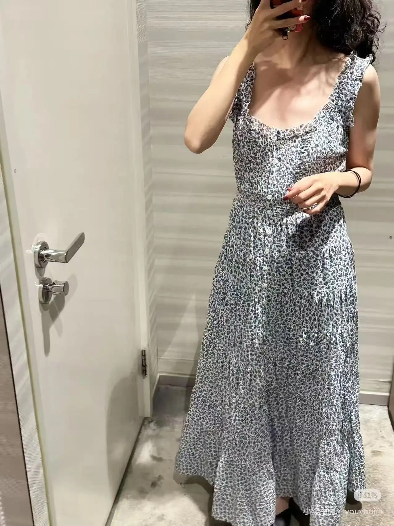 Vestido largo sin mangas con cuello redondo y estampado de flores retro de algodón para mujer