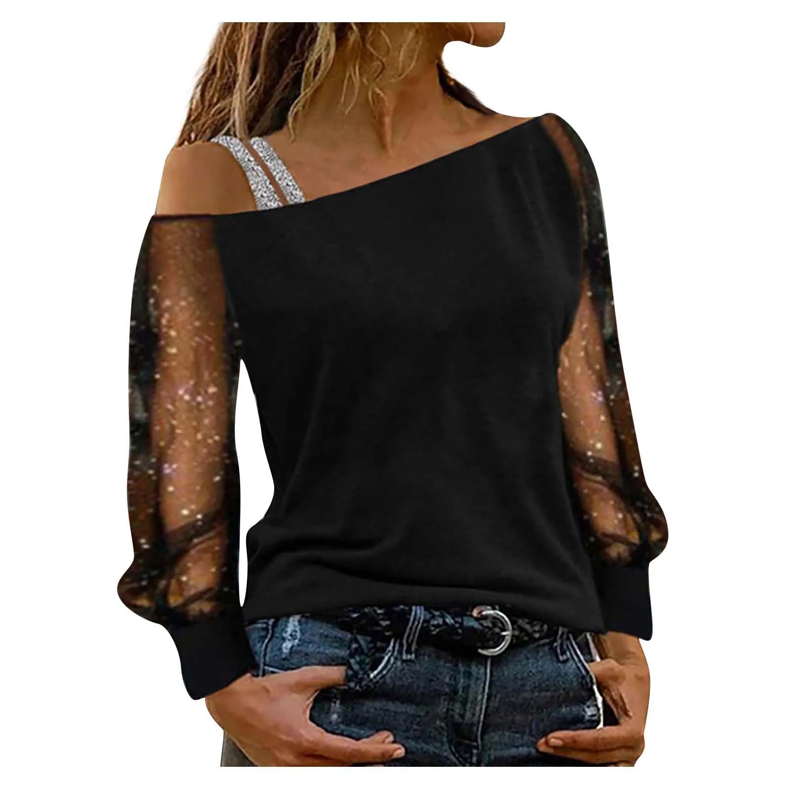 

Женская футболка больших размеров, осенняя сексуальная кружевная сетчатая футболка с длинным рукавом, топы, женская повседневная блузка с открытыми плечами, одежда высокого качества