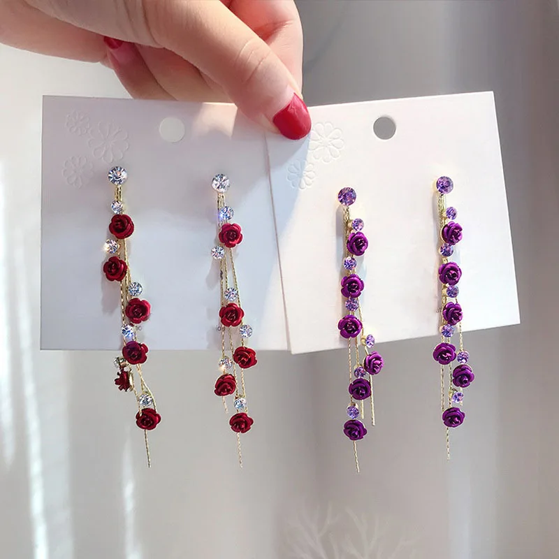 Neue Rosenblüten-Ohrringe mit langen Quasten für Damen, blau, rot, grün, Strassblumen, hängende Ohrringe, Party- und Hochzeitsschmuck – Detail 5