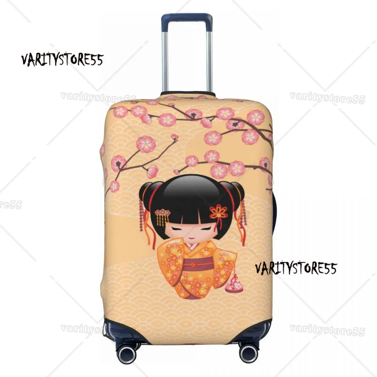 Kawaii Kokeshi Doll Cherry Blossoms Travel Luggage Cover Dust Proof Japanese Geisha Girl Suitcase Cover Protector Fit 18-32 Inch