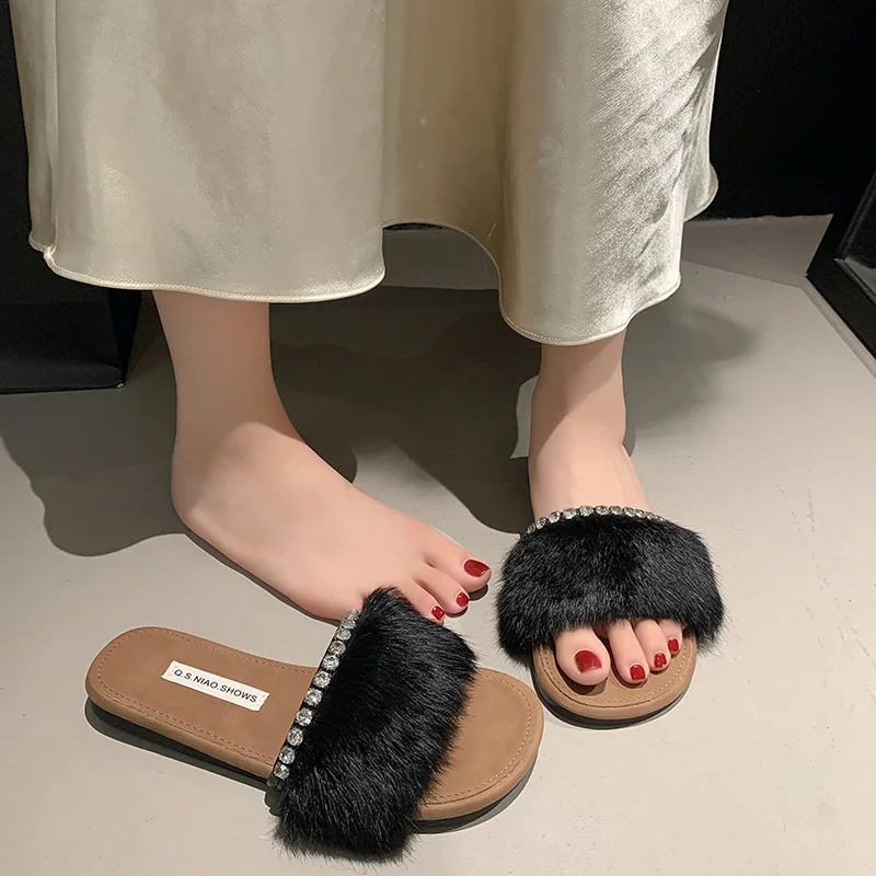 Low Flat Shoes Female Womens Slippers Outdoor Fur Flip Flops Slides Soft Plush Rubber Summer Rome Hoof Heels Fabric Shoes Slippe