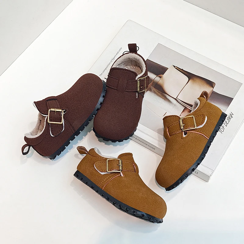 

New Simple Girls Winter Warm Furry Shoes Hot Sale Fashion Kids Flat Plush Shoes Solid Color Hook Loop Children's Cotton Shoes