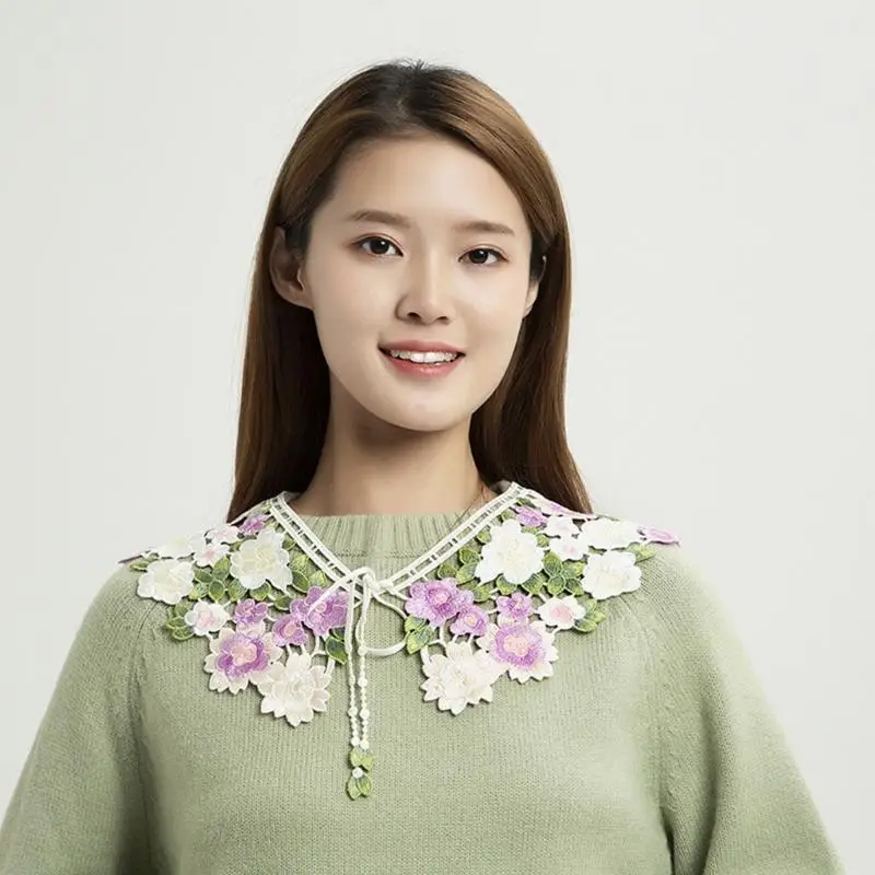39BD Fairytale Decorative Fake Collar Lace Shawl Wrap Embroidery Floral Capelet Dickey Mini Women Detachable Necklace