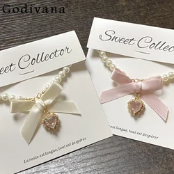 Girly Sweet Cute Pearl Heart Pendant Bow Lolita Necklace 2024 Summer New Fashion Japanese Handmade Elegant Clavicle Chain Women
