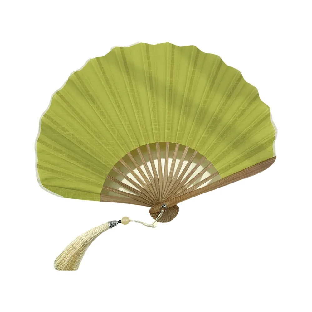 Cotton Linen Cloth Folding Hand Fan Bamboo Frame with Tassel Mini Shell Fan Decoration Solid Color Retro Handheld Fan