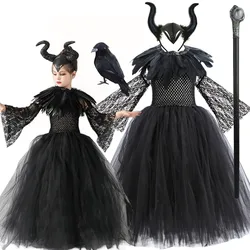 2024 Maleficent Costume Play Girls Evil Queen Cool Gothic Villain Maleficent Princess Dress+Horn+Gloves Kids Halloween Apparel