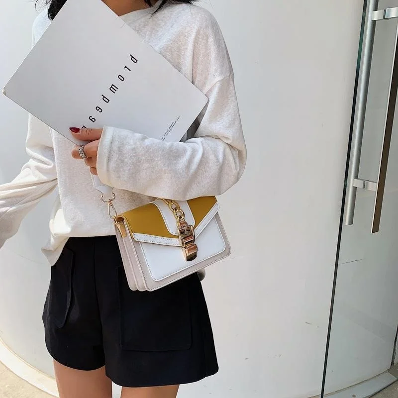 2021 New Korean Fashion Broadband One Shoulder Messenger Women's Simple Color Contrast Small Square Chain Bag Leather Handbags