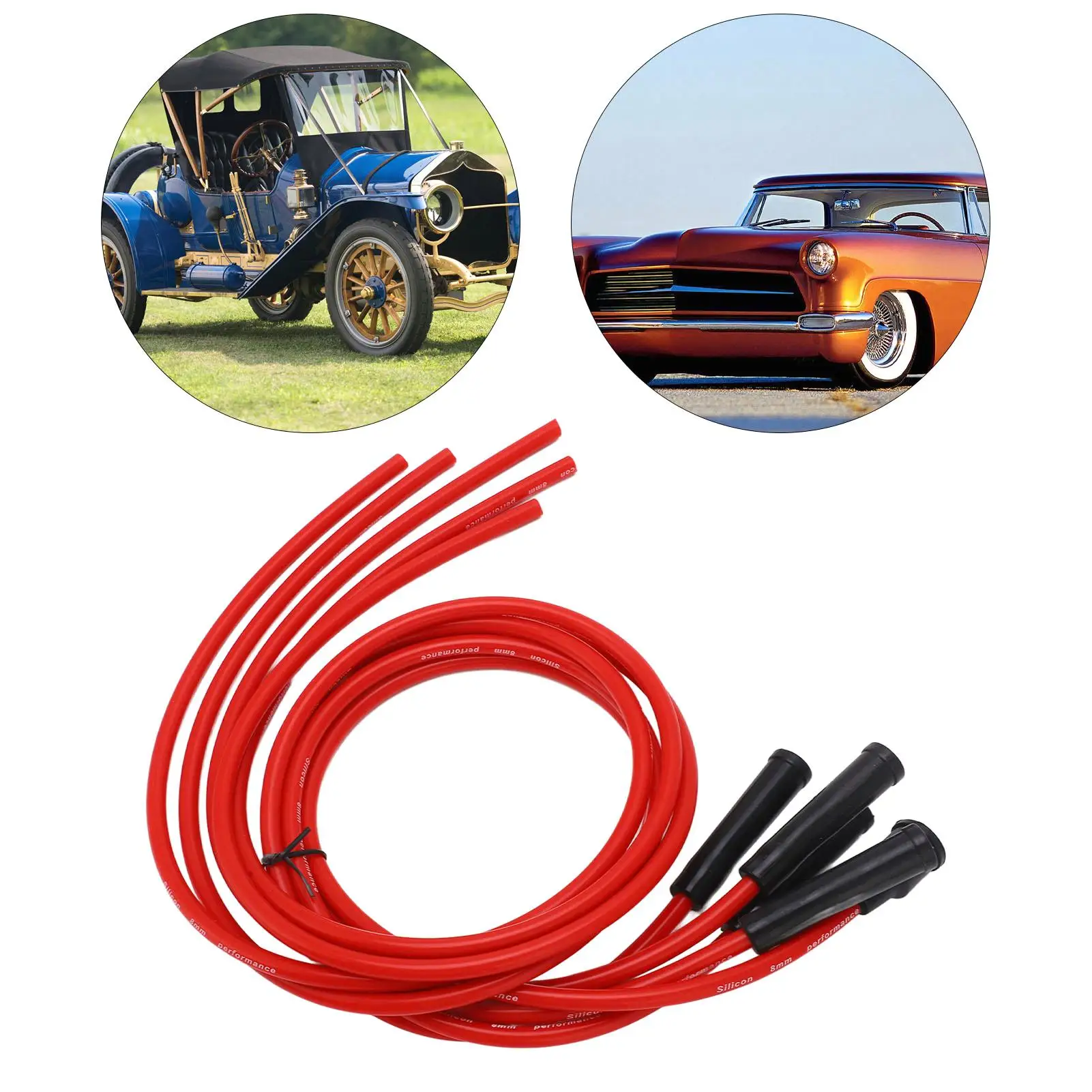 Red 8mm High Performance Spark Plug Ignition Wire Set - 3.3ft Metal Silicone for 4 Cylinder Classic Cars