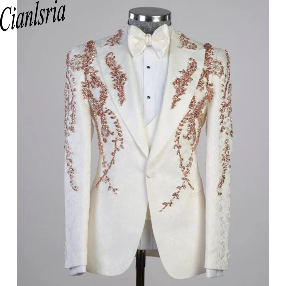 Men's White Tuxedo Suit Gold Applique Embroidered Beaded Blazer Slim Fit Luxury Wedding Groom Prom Party Dress Custom Made
