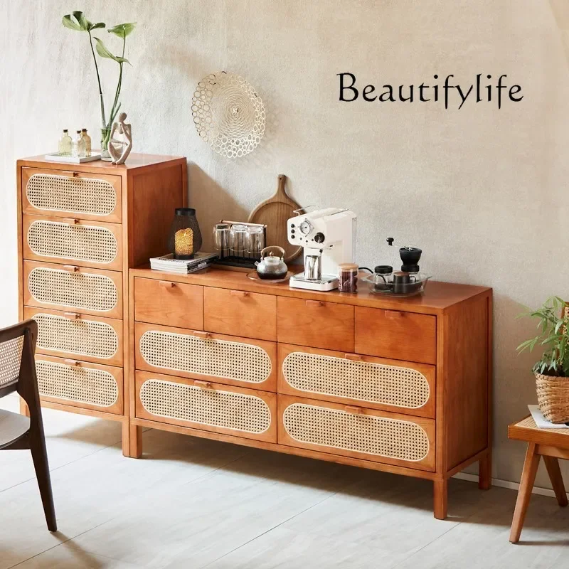 

Nordic Solid Wood Rattan Storage Cabinet Home Antique Style Storage Cabinet