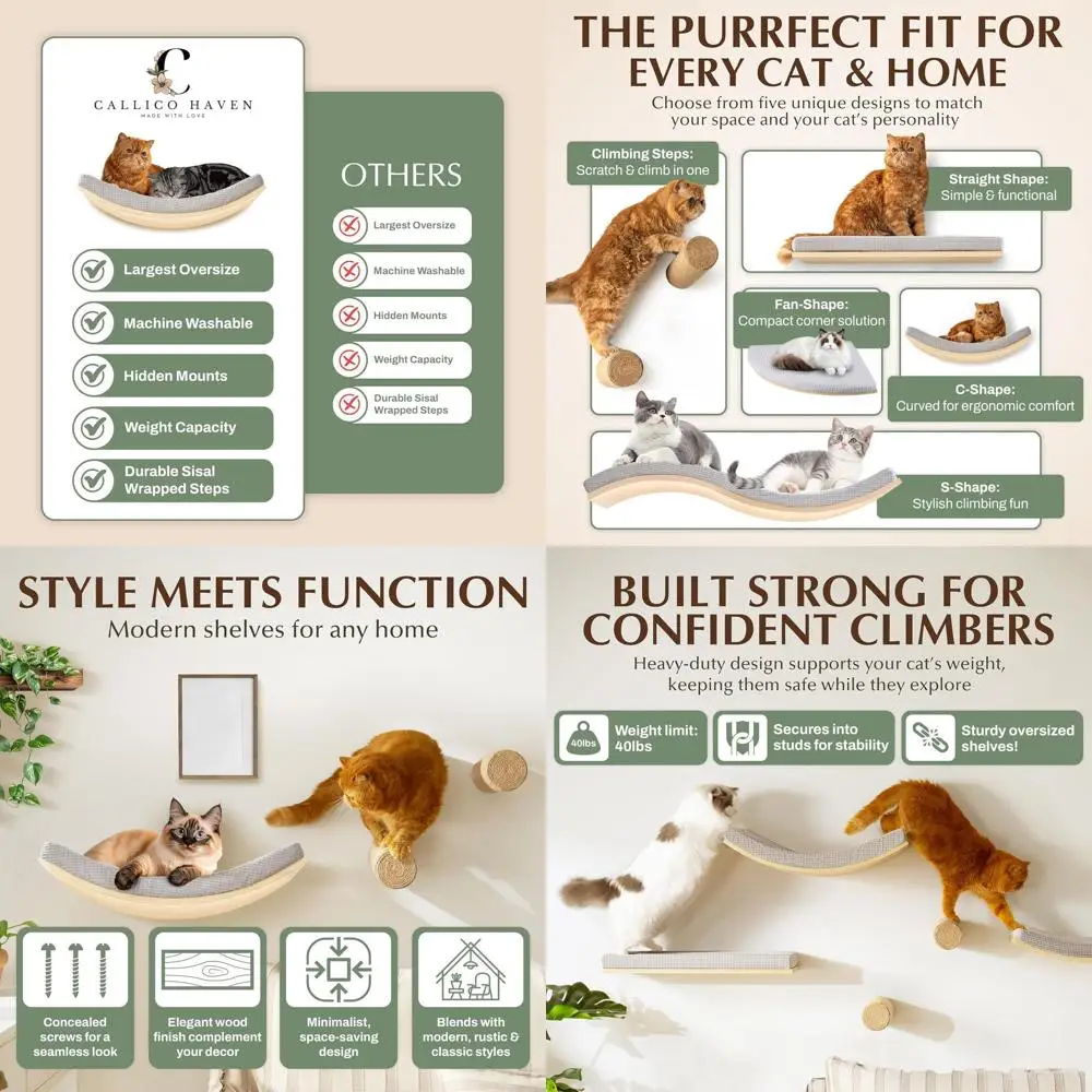 

Современная изогнутая настенная полка для кошек — 23,6x14,6 CALLICO HAVEN, стильное настенное кошачье дерево с подушкой, прочные крепления, моющаяся бухта