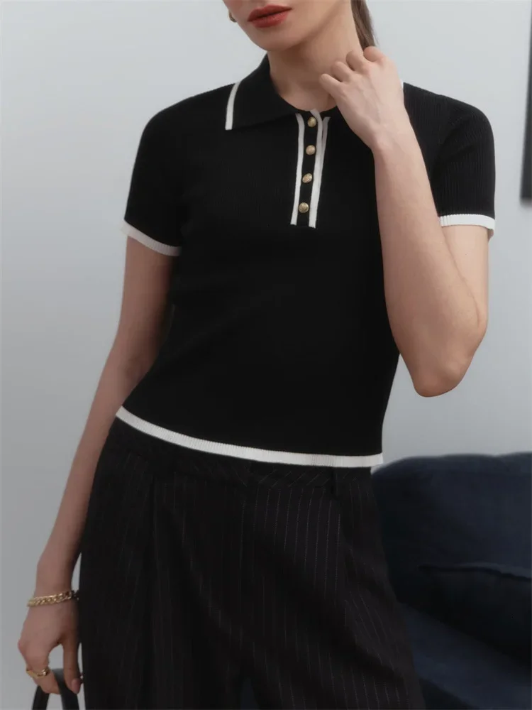 

Women's Slim Fit Patchwork Knit Sweater Pullover Short Sleeve Elegant Contrast Lapel Top Female Skinny Ribbed Knitwear