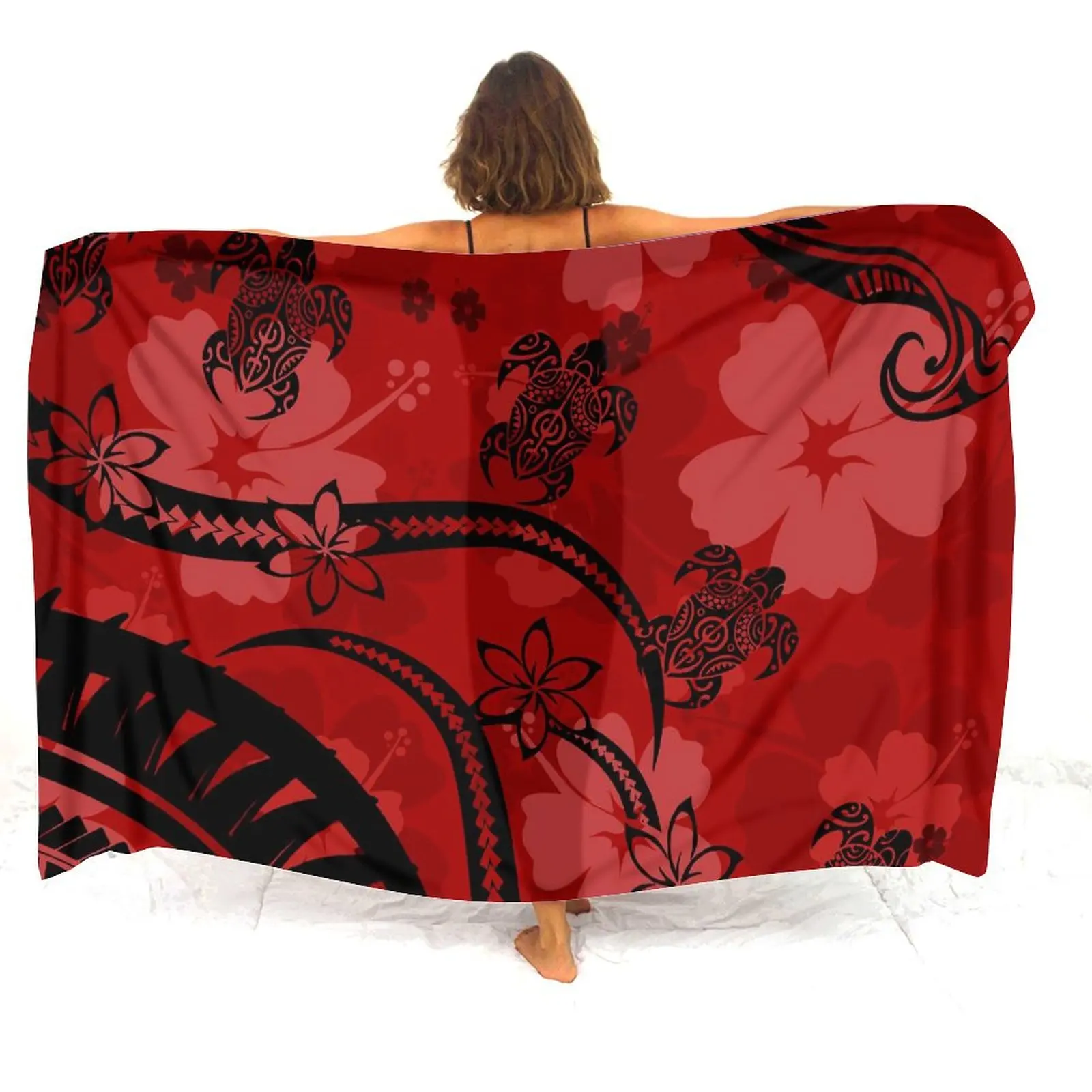 Custom Polynesian Ladies Sarong Vintage Floral Print Summer Seaside Windproof Sun Protection Cape Quality Fabric