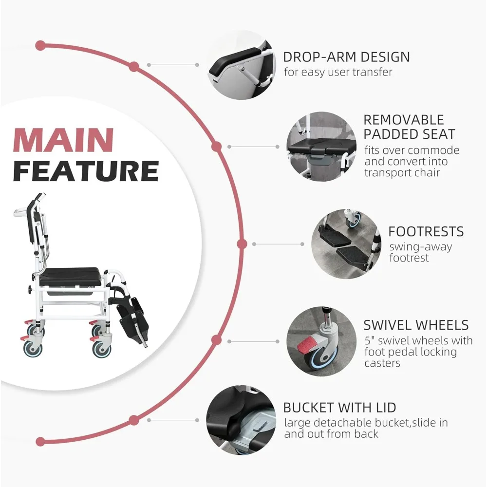 Krzesło prysznicowe, szerokość 17 cali, dostępna komoda z 4 kółkami, wyjmowanym wiadrem i wodoodporną konstrukcją, wózek inwalidzki z prysznicem