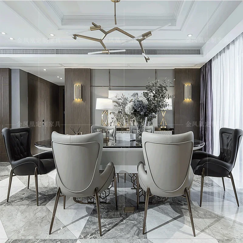 Customized Italian light luxury table post-modern simple marble oval table and chair combination furniture Nordic high-end leath