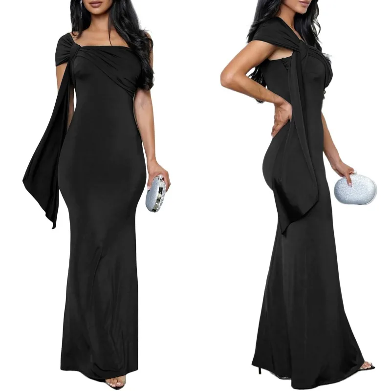 Customized vintage off shoulder evening straight tube dance dress, floor length skirt, elegant party dress