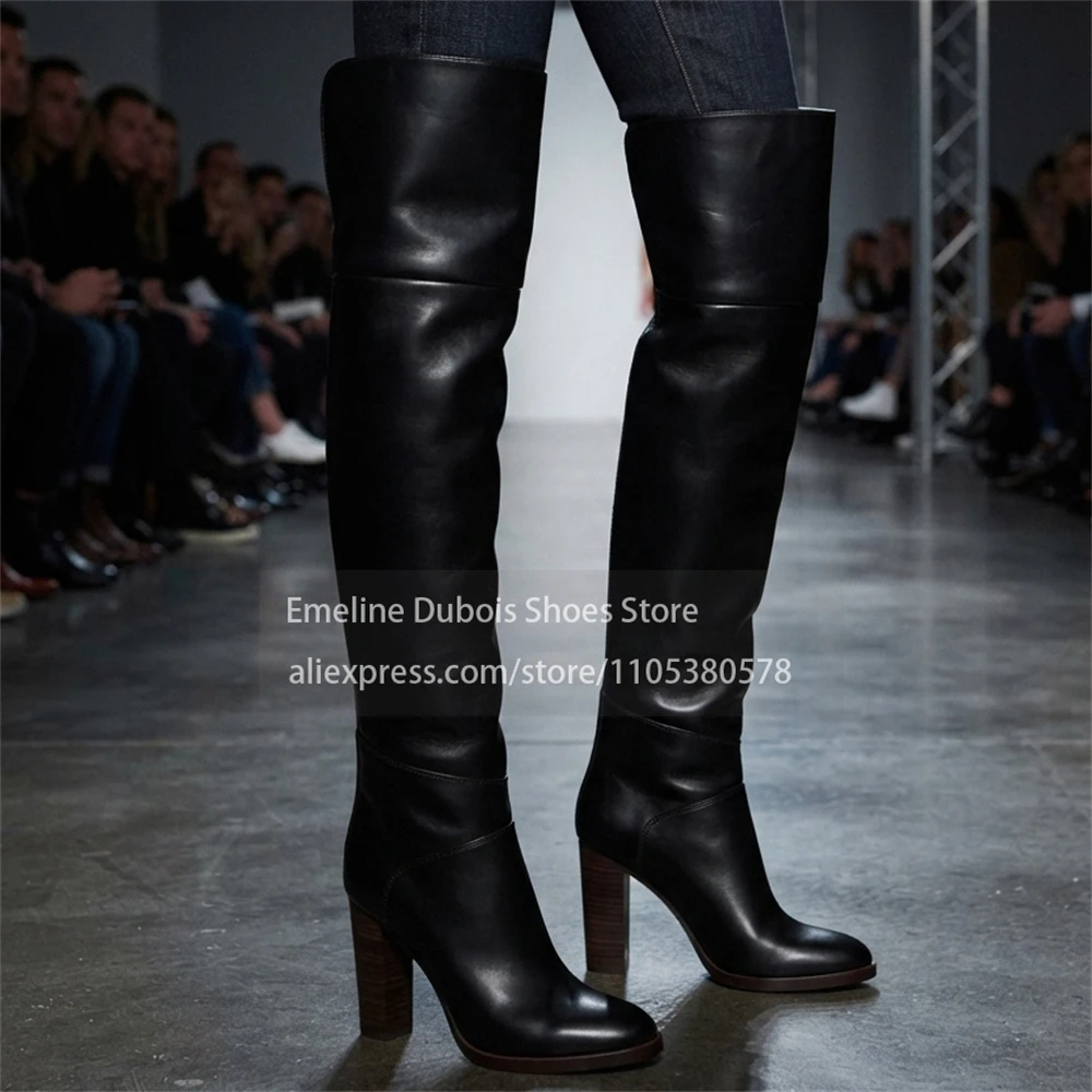 Smooth PU Pull on Chunky Heel over the Knee Boots Round Toe High Heel Thigh High Boots Daily Party Elegant Autumn Tall Boots