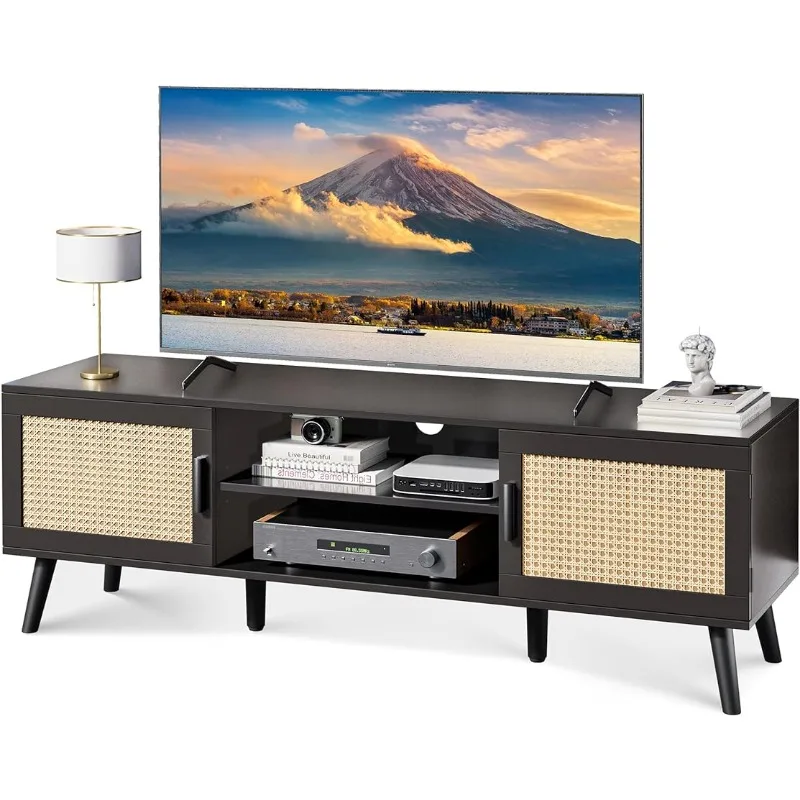 

SUPERJARE 55 Inch TV Stand, Entertainment Center with Adjustable Shelf, Rattan TV Console with 2 Cabinets, Media Console