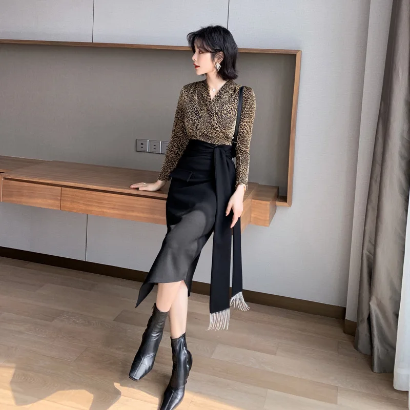 Autumn New Women's Clothing Korean Version Leopard Print Fringed Suit Age-reducing Two-piece