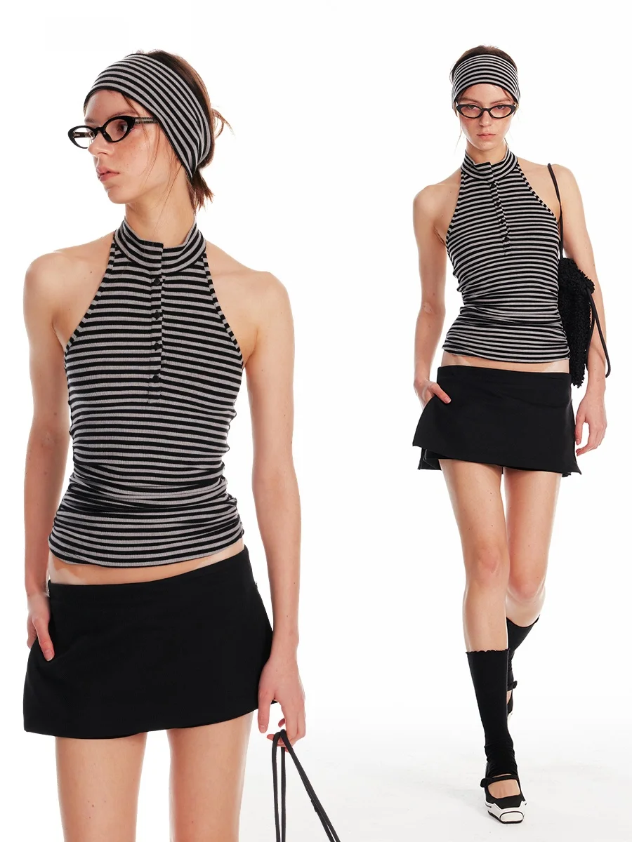 

ALINNV Модный приталенный топ для женщин, весна-лето, новинка, с воротником хенли, оригинальный дизайн, в полоску