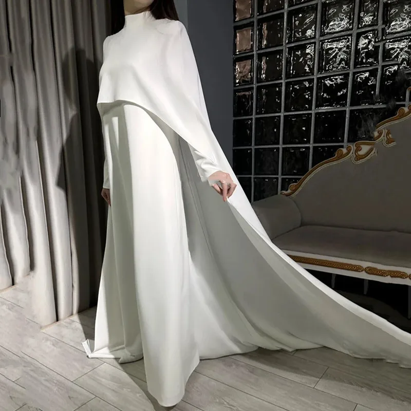 

Aleeshuo Simple Mermaid Satin Evening Dress Long Sleeves Pleated High Neck Formal Women Prom Gowns Occasion Dress Customized