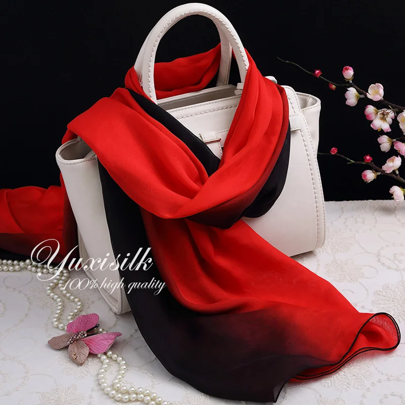 

High Quality Red and Black Gradient Color 100% Silk Long Scarf Women's Shawl Spring, Autumn, Winter Summer All-Matching