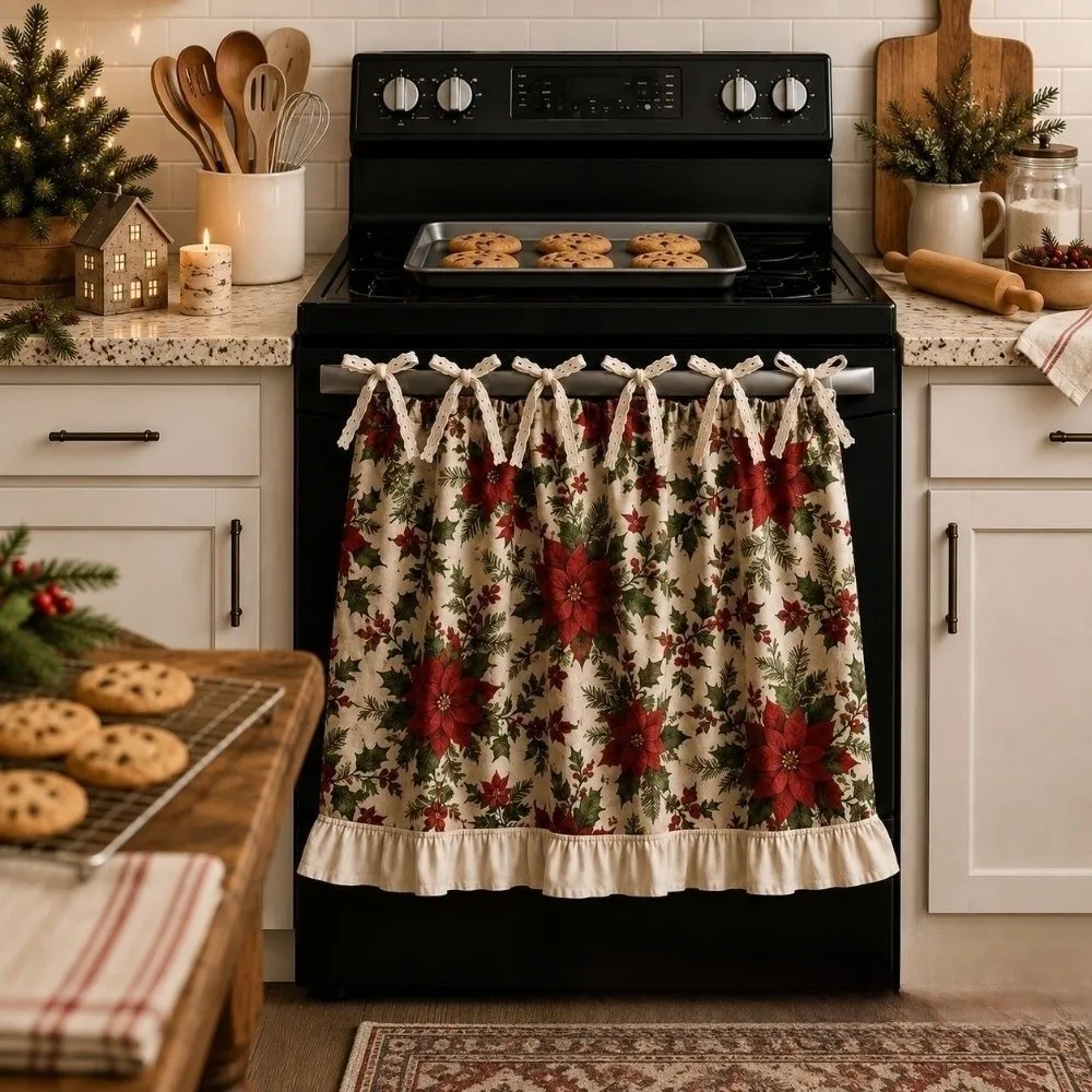 Ruffle Edge Christmas Oven Short Curtain Xmas Tree Decorative Santa Oven Cover Curtain Countryside Style Flower