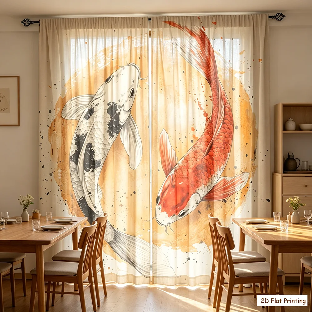 2PCS Digital Printed Curtains with Two Color Koi Design, Stylish Window Drapes for Living Room Bedroom Home Decoration