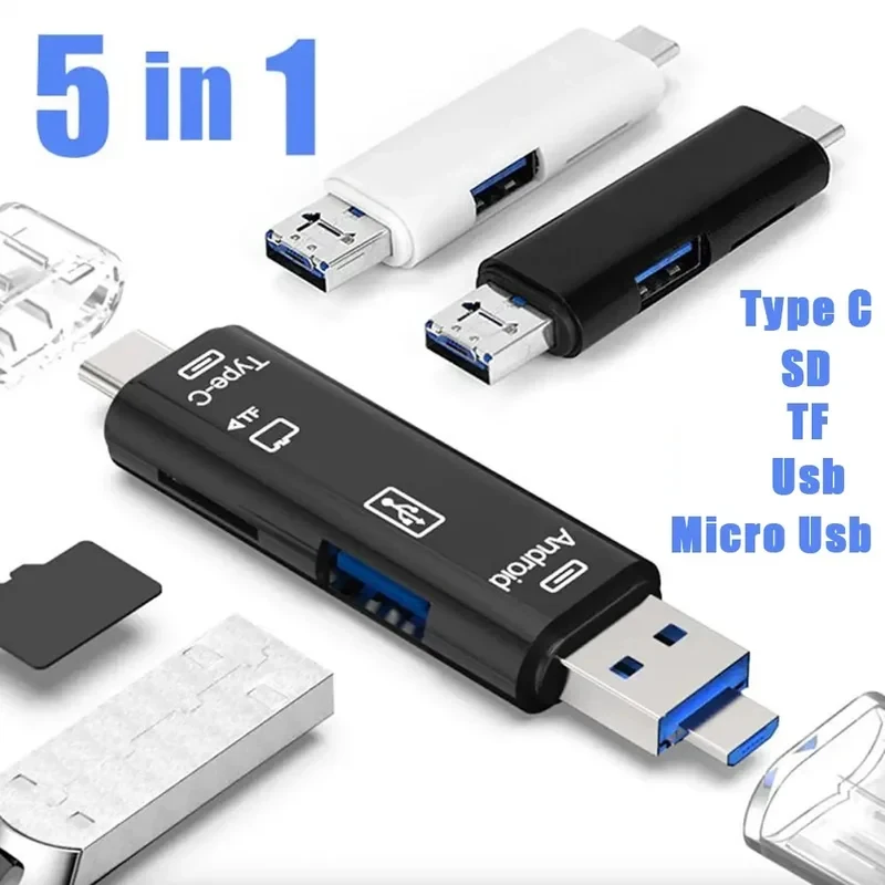1/4pcs 5 in 1 Multifunction USB 2.0 Type C USB Micro USB SD TF Memory Card Reader for Android Computer Dock OTG Type C Adapter