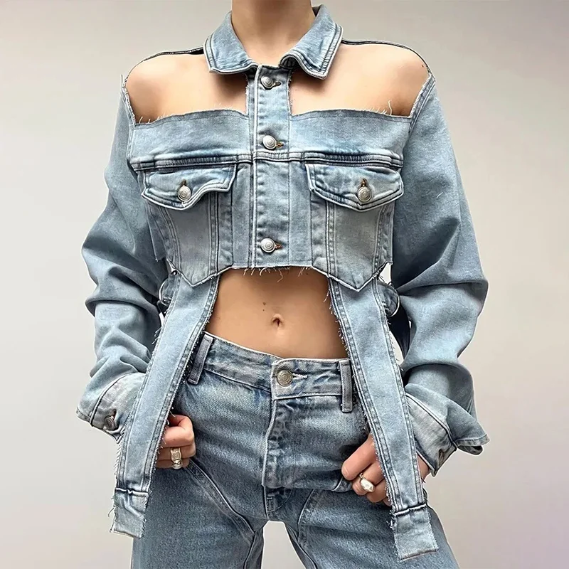 Solid Hollow Out Irregular Denim Coat for Women Lapel Long Sleeve Patchwork Single Breasted Streetwear Coats Female