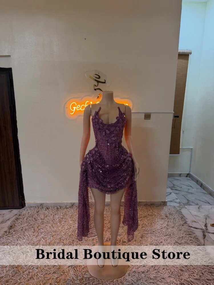 Purple Prom Dresses 2026 Luxury Black Girls Appliques Beaded Mini Birthday Cocktail Party Gowns Homecoming Customized