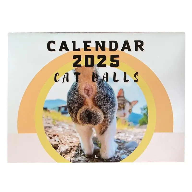 Calendario de trasero de gato 2025, calendario de bolas de gato de Humor divertido y fresco, mordaza de papel grueso, calendario de pared mensual colgante para familia de amantes de los gatos