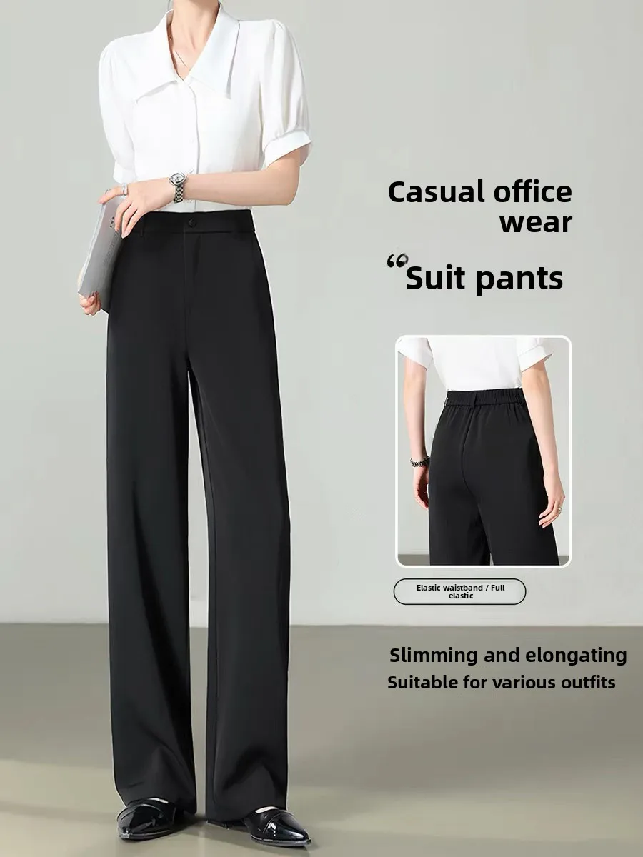 

Black Silk Ice Narrow Version Formal Pants Women Summer Thin Wide Leg Pants Casual High Waist Straight Tube Polyester Fiber