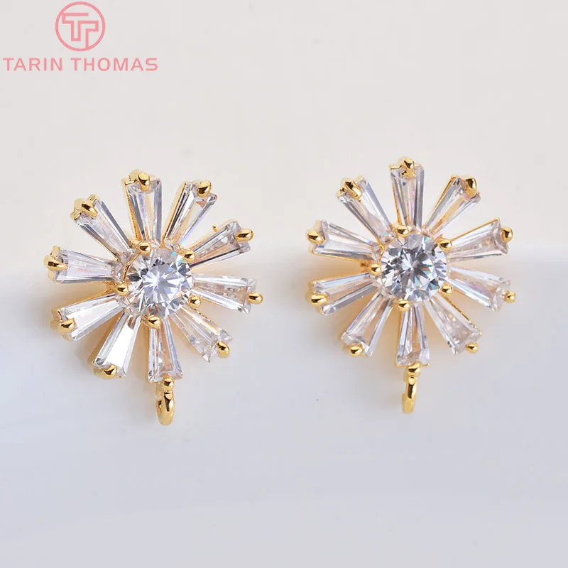 (2529)4PCS 12x15MM 24K Gold Color Brass with Zircon Flower Stud Earrings High Quality Diy Jewelry Findings Accessories