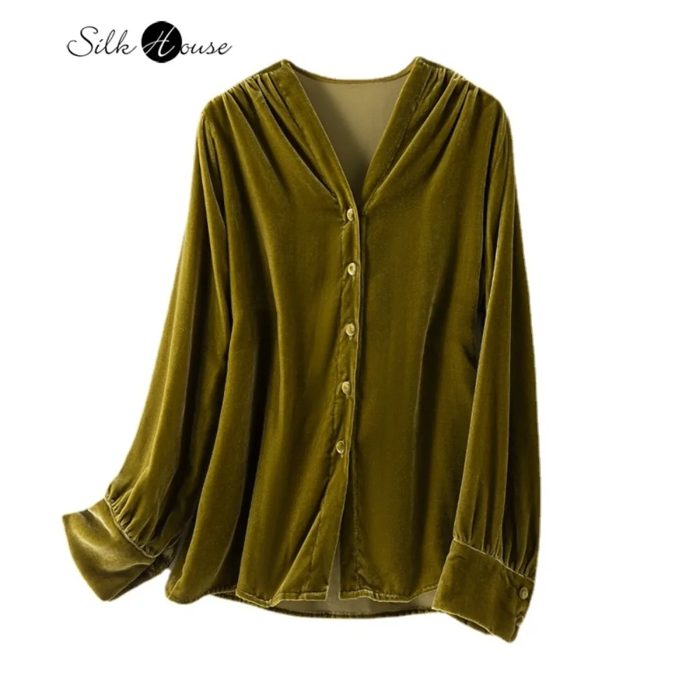 2023 Women's Fashion Autumn and Winter New Style Temperament Silk Velvet Shirt Long Sleeve Loose V-neck Top Versatile