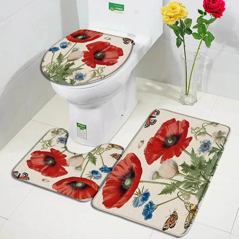 Red Floral Bath Mat Set Butterfly Poppy Blue Flowers Plant Home Carpet Bathroom Decor Flannel Rugs U-shaped Pad Toilet Lid Cover