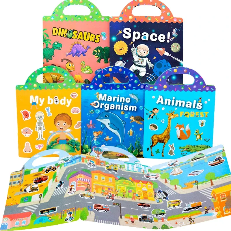 Children Reusable Sticker Book DIY Puzzle Wholesale Early Educational Concentration Cultivation Animal Dinosaur kid Stickers toy