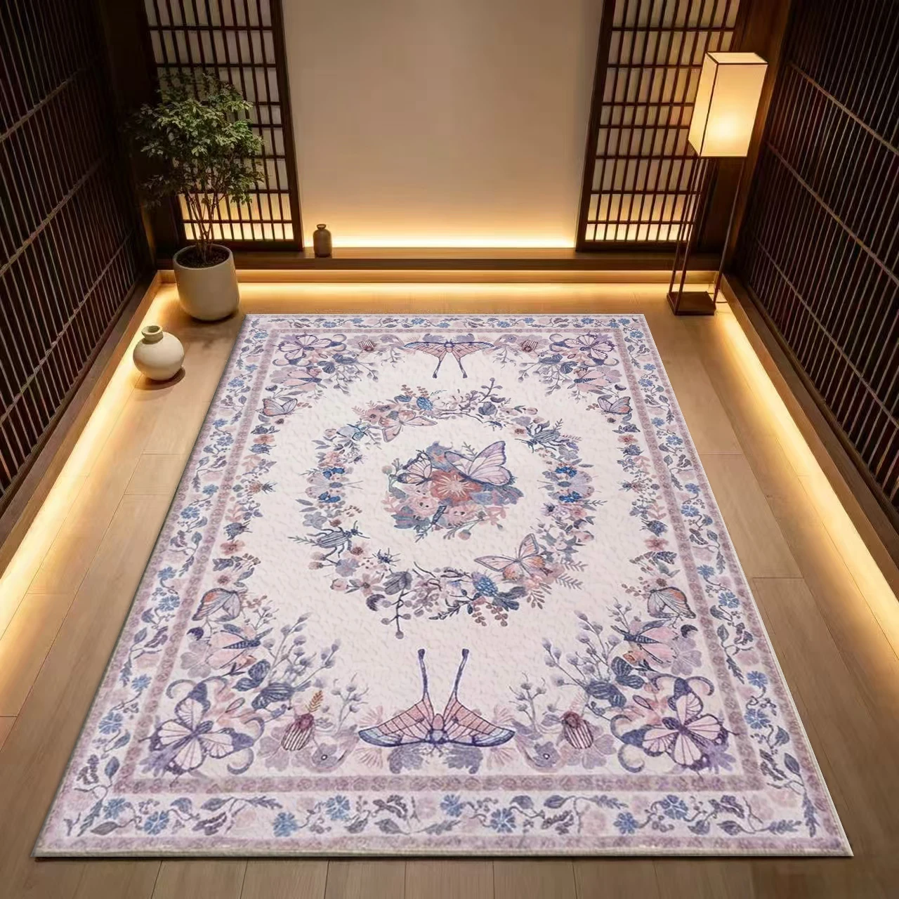 Pastel Butterfly Floral Square Rug Non‑Slip Retro Insect Garden Style Floor Mat for Living Room Entryway Home Decoration