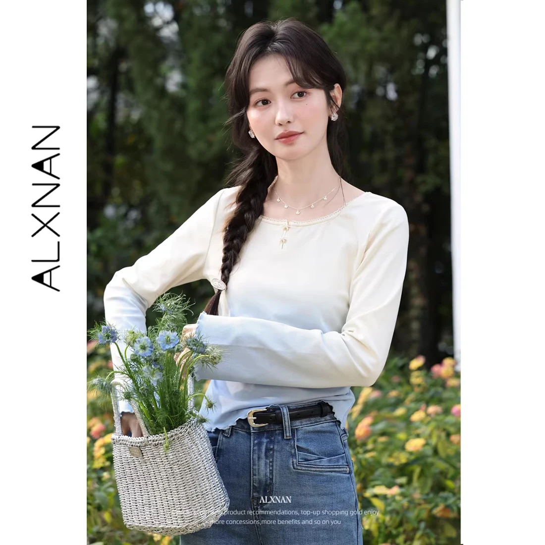 

ALXNAN Gradient Blue Flare T-shirt Women French Style Base Elegant Cotton Long Sleeve Tees 2026 Spring Casual Ladies Tops L62232