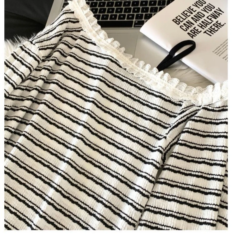 طقم ملابس نوم نسائية مخططة مكشوفة الأكتاف لعام 2025 - بلوزة وسراويل بأكمام طويلة مزخرفة بالدانتيل، ملابس نوم كاجوال حلوة لربيع الخريف #3